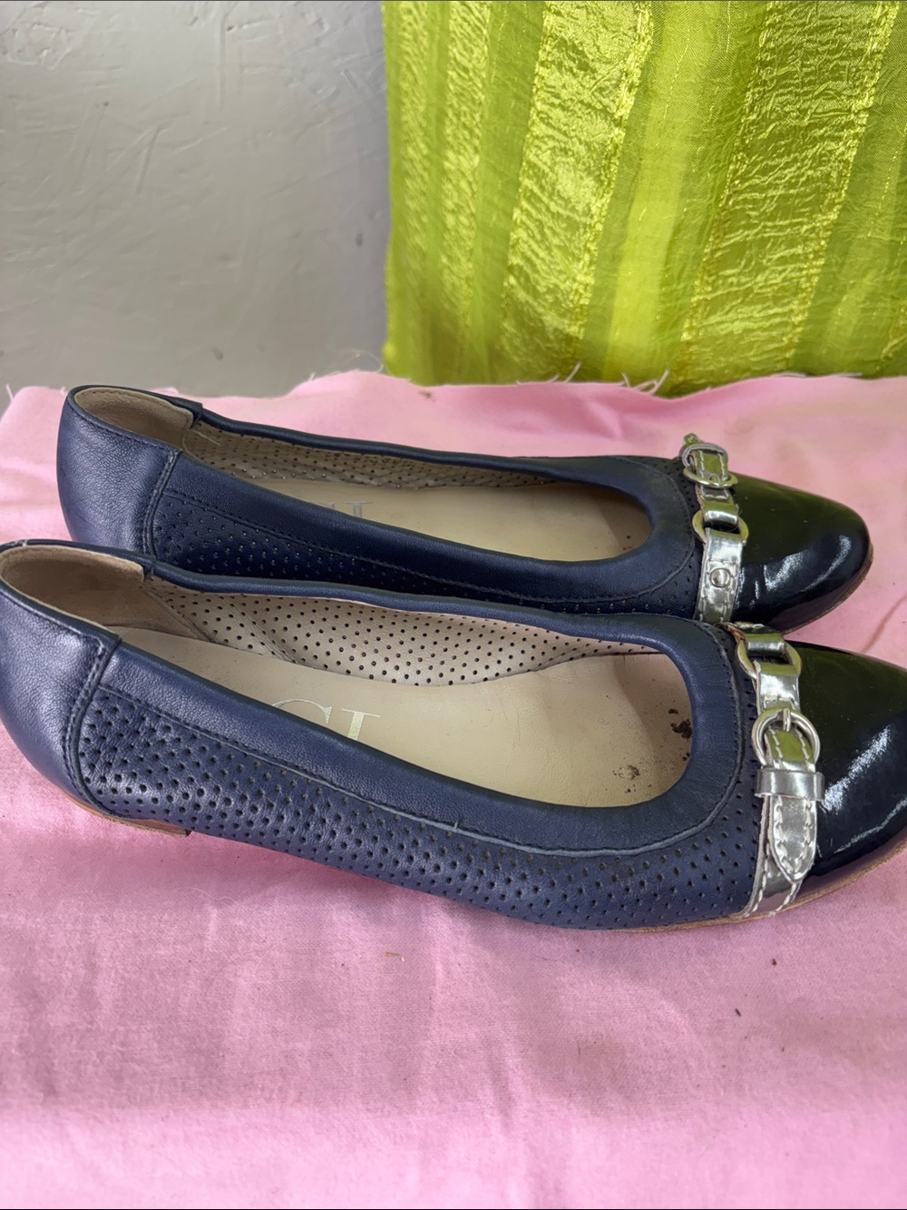 AGL -Navy Leather Ballet Flats with Silver Buckle-size 7